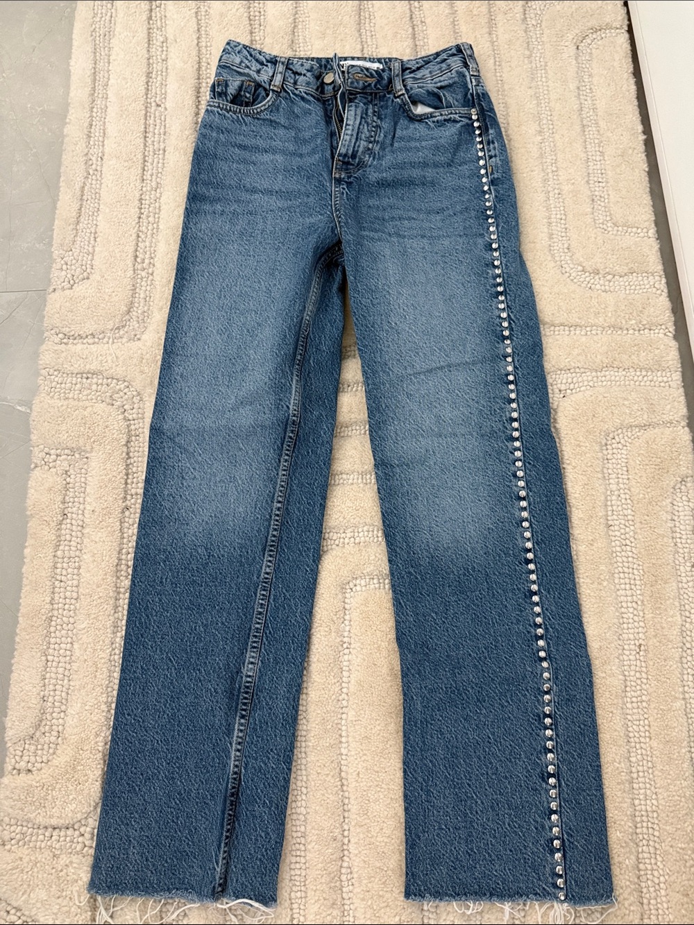 Zara studded Blue Women's Straight-Leg Jeans with Side Stud Detail